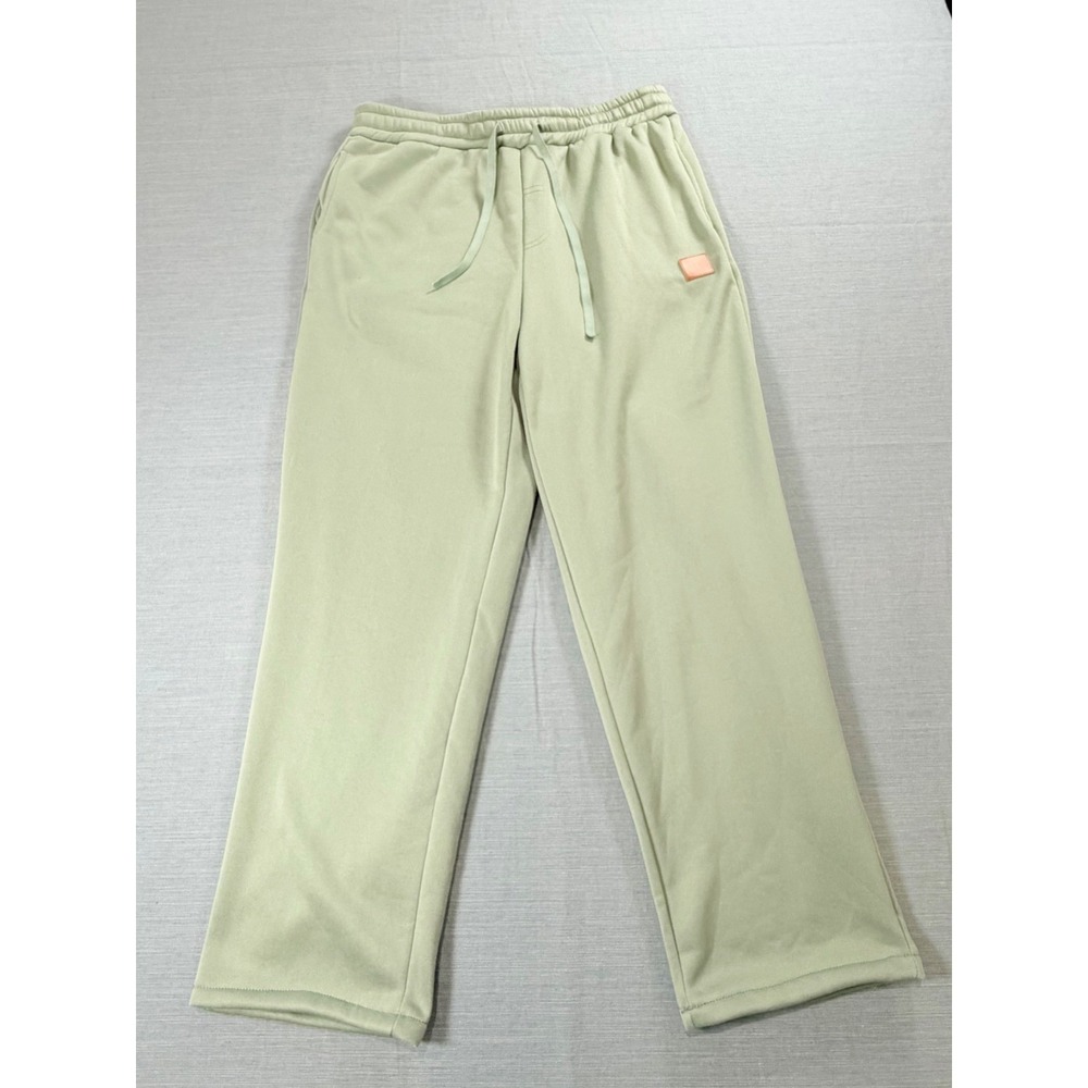 Sage Green Straight Leg Fleece Sweatpants Drawstring Lounge Pants Square Patch